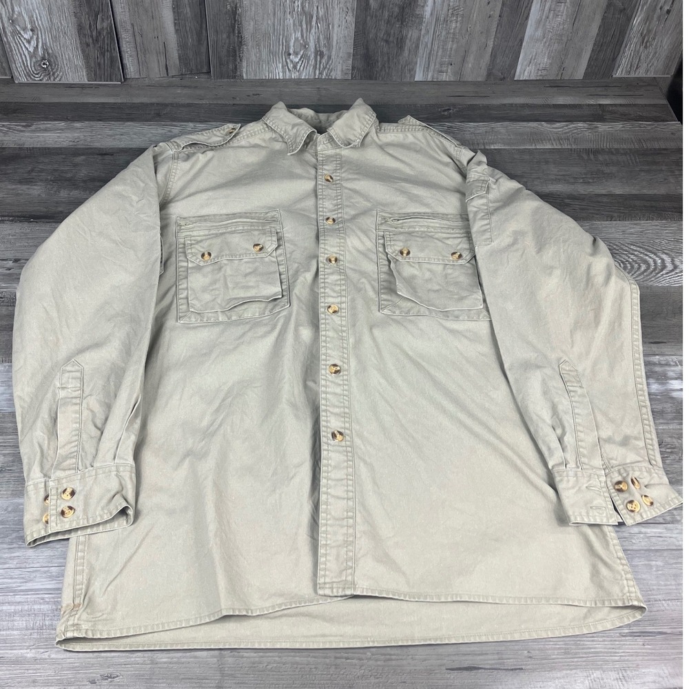 Cabelas Mens Large Tan Cotton Safari Field Shirt Long Sleeve Utility Pockets